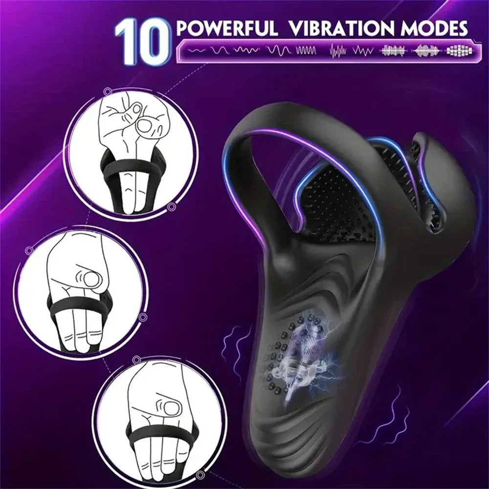 Serenza men's silicone ring electric massager with resonance technology, shown in close-up with sleek design and textured surface.