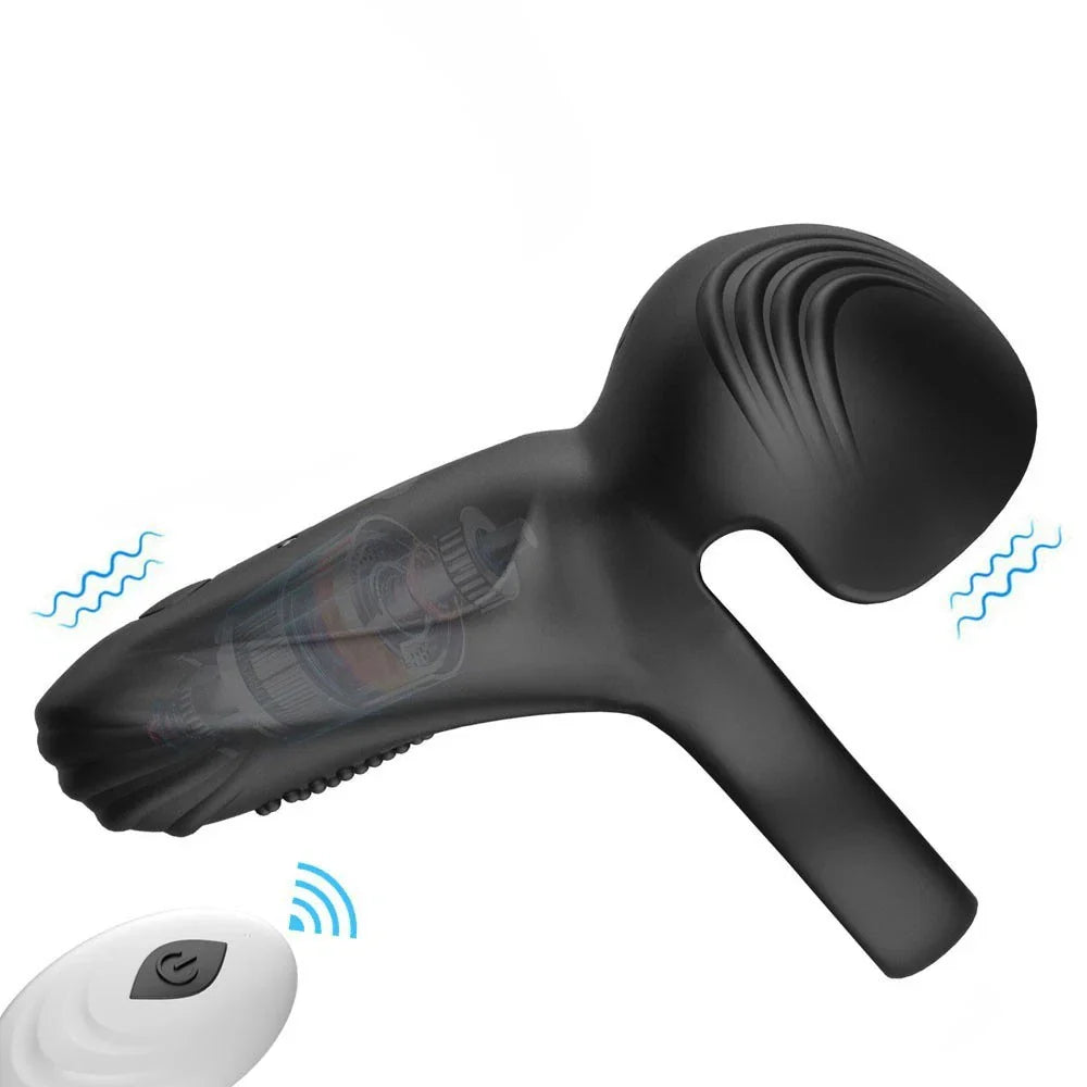 Serenza men's silicone ring resonance electric massager showing black silicone ring with electronic components inside