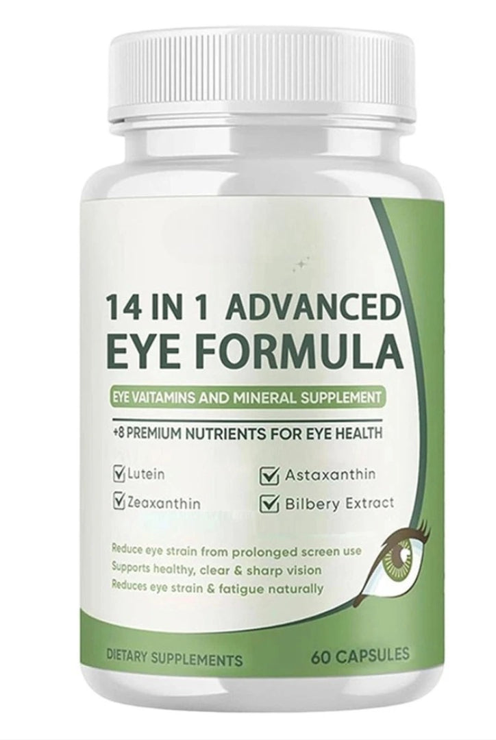 Serenza Evervision 14-in-1 Advanced Eye Formula capsules in a bottle with 60 capsules, designed to support eye health.