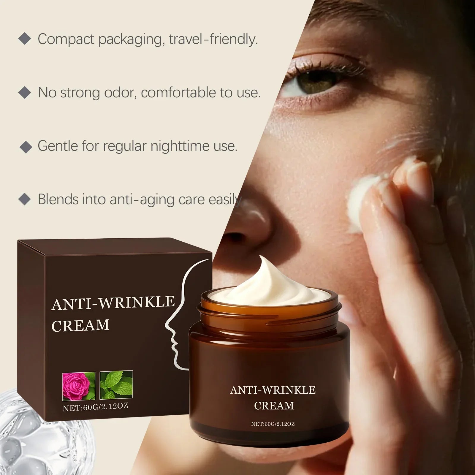 Serenza anti-wrinkle cream jar with smooth texture, showcasing the skincare product for reducing fine lines and aging signs.