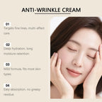 Serenzza anti-wrinkle cream jar with a sleek design, showcasing smooth, youthful skin and skincare product details.