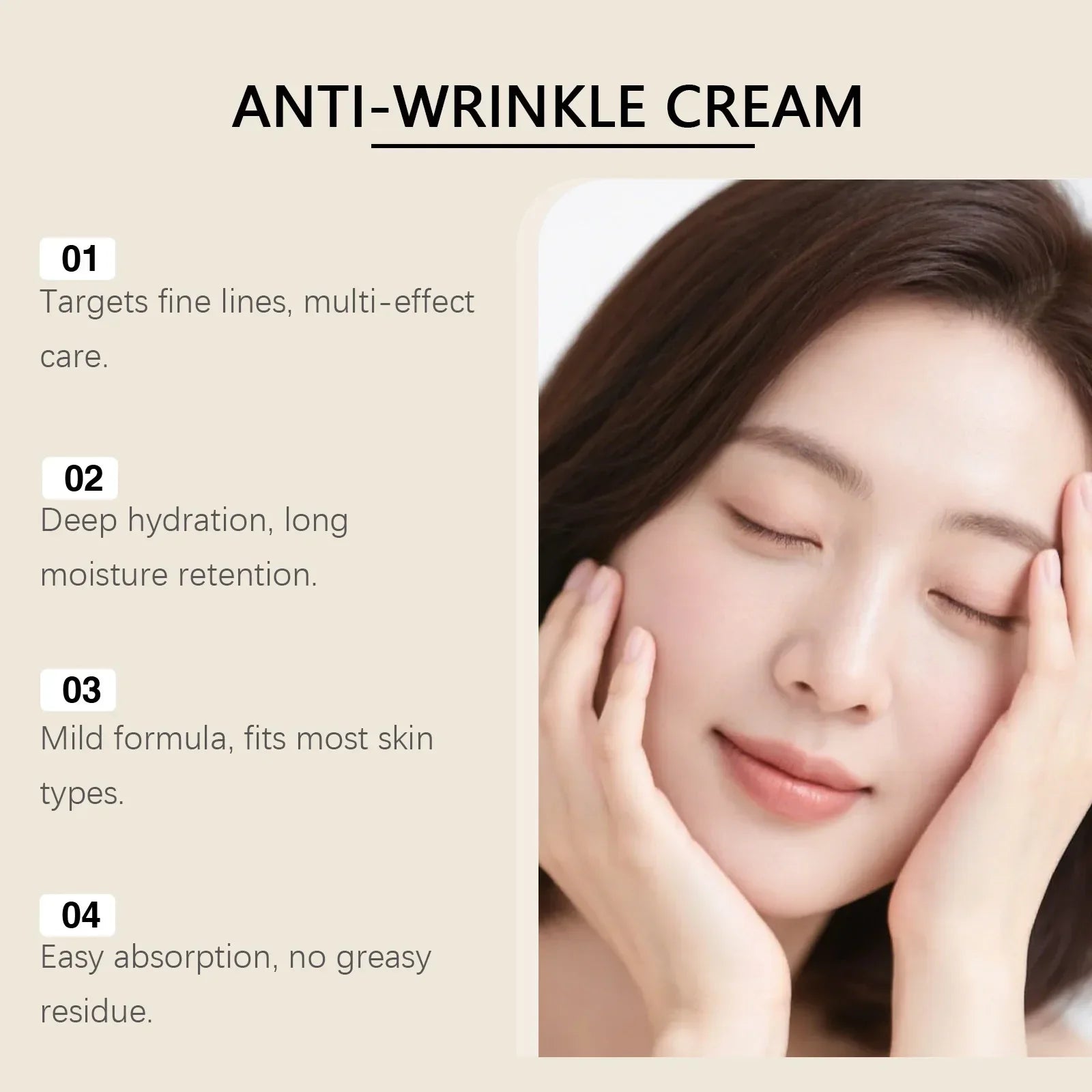Serenzza anti-wrinkle cream jar with a sleek design, showcasing smooth, youthful skin and skincare product details.