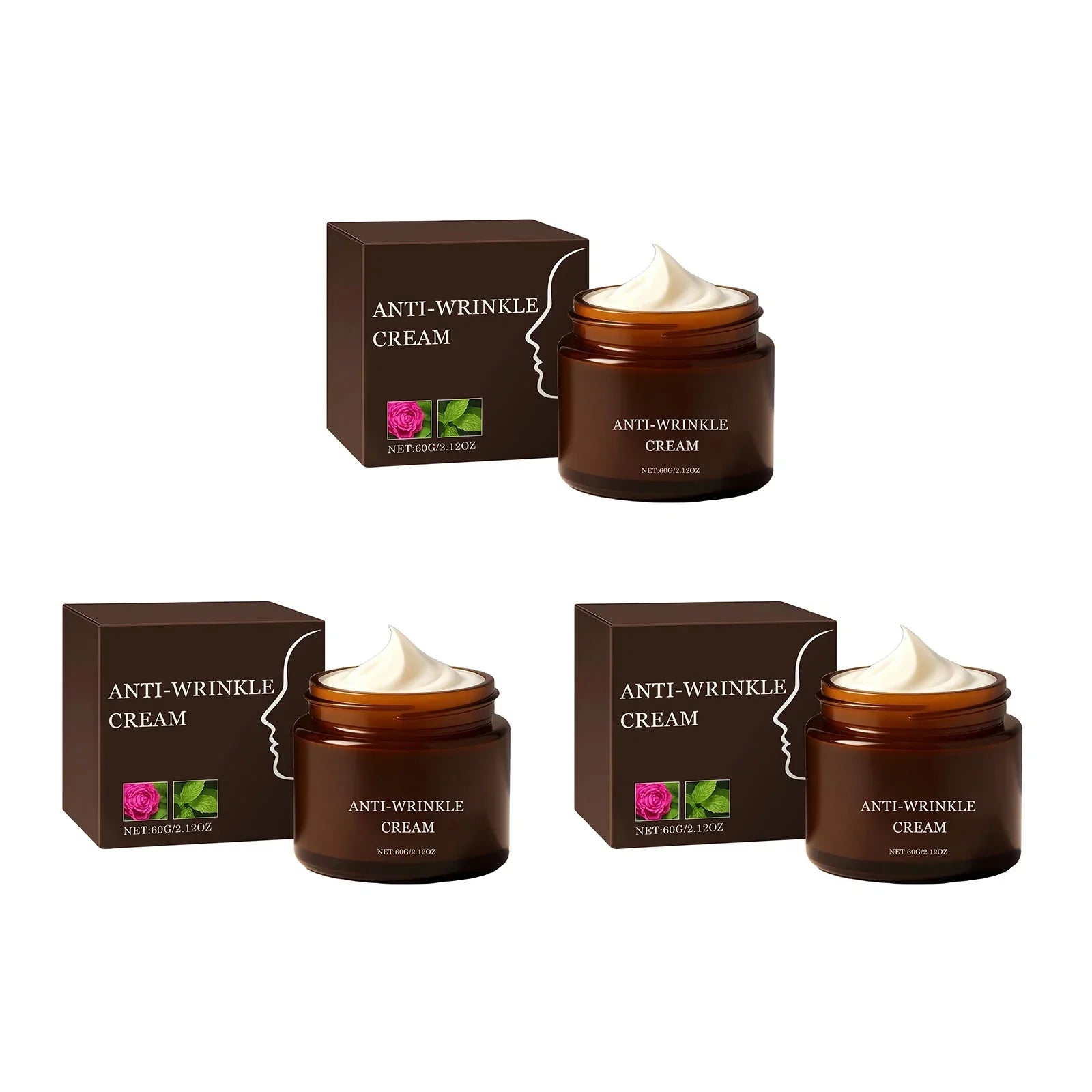 Serenzza anti-wrinkle cream jar with smooth white packaging, showcasing benefits for youthful skin and wrinkle reduction.