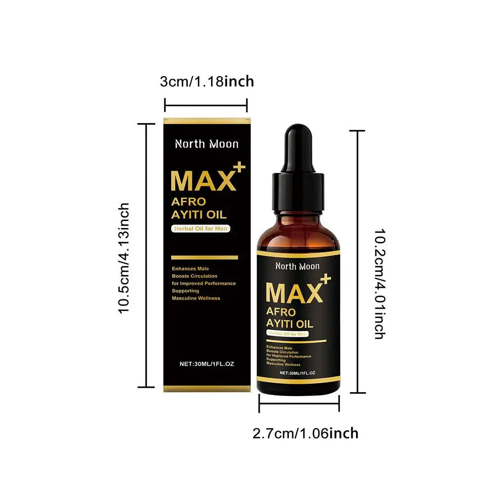 Serenzza African Ayi Oil MAX+ herbal body massage oil in 30ml bottle, natural men's afro essence for skin and massage use