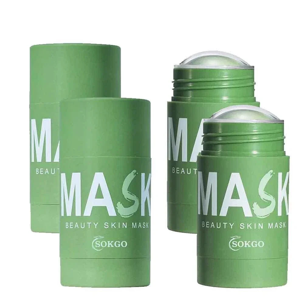 Serenzza green tea purifying clay face mask for oil control and blackhead removal, shown in a jar with a smooth, green clay texture.