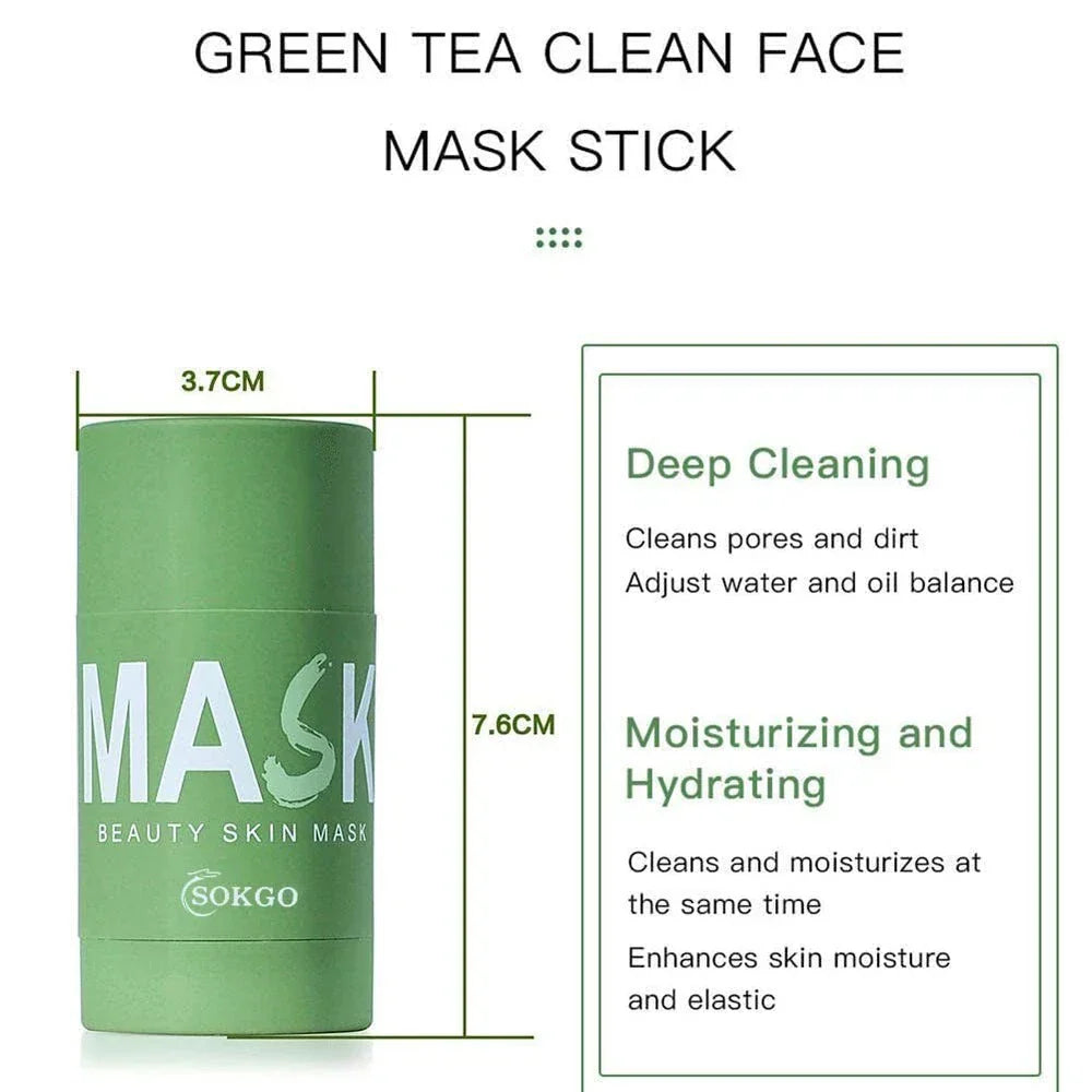 Serenzza green tea purifying clay face mask with oil control and blackhead removal, applied on a person's face in a skincare setting.