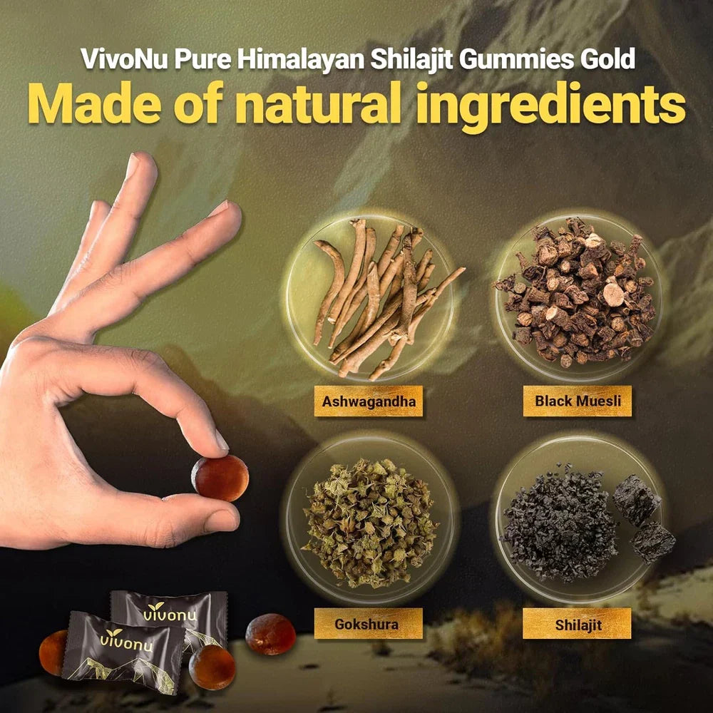 Himalayan Shilajit gummies by Serenzza with Ashwagandha and Gokshura, featuring trace minerals, shown in a close-up image.