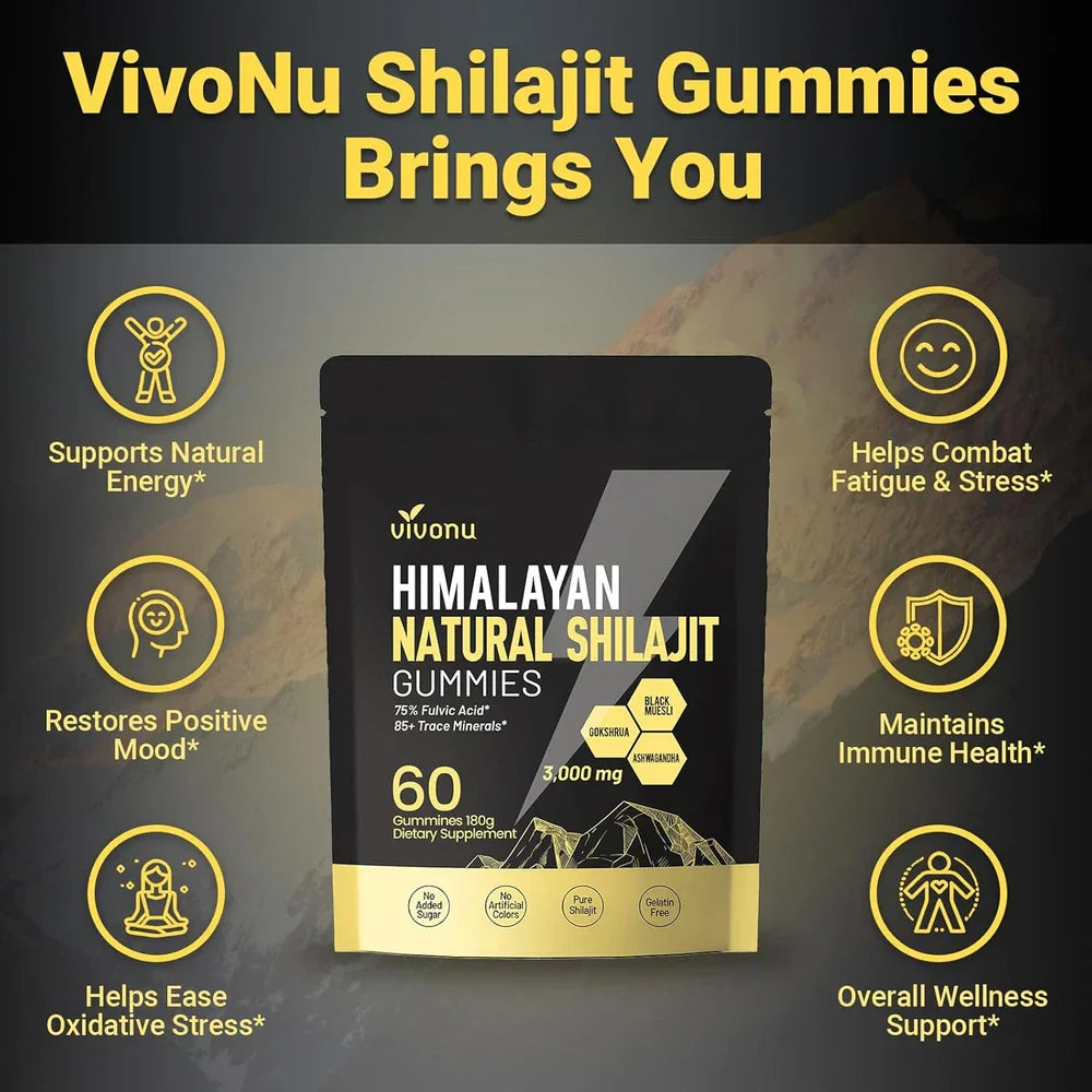Serenzza Himalayan Shilajit gummies with Ashwagandha and Gokshura, featuring 85+ trace minerals, shown in a clear bottle with gummies.