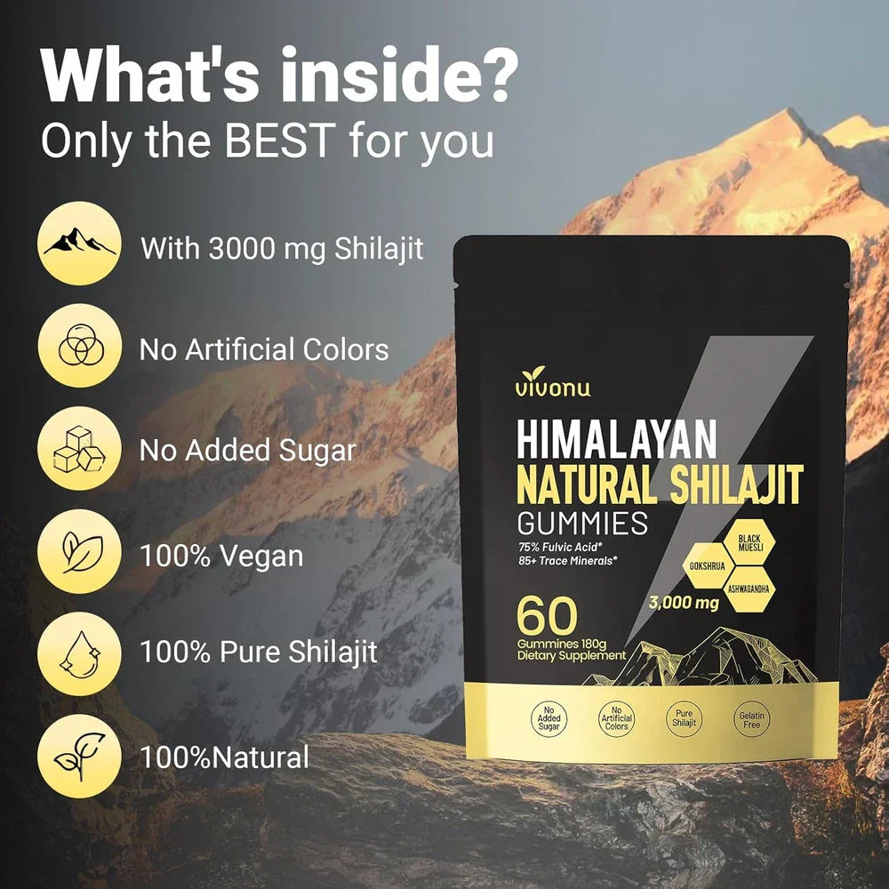 Serenzza Himalayan Shilajit gummies with Ashwagandha and Gokshura, showing the supplement bottle and gummies on a white background.