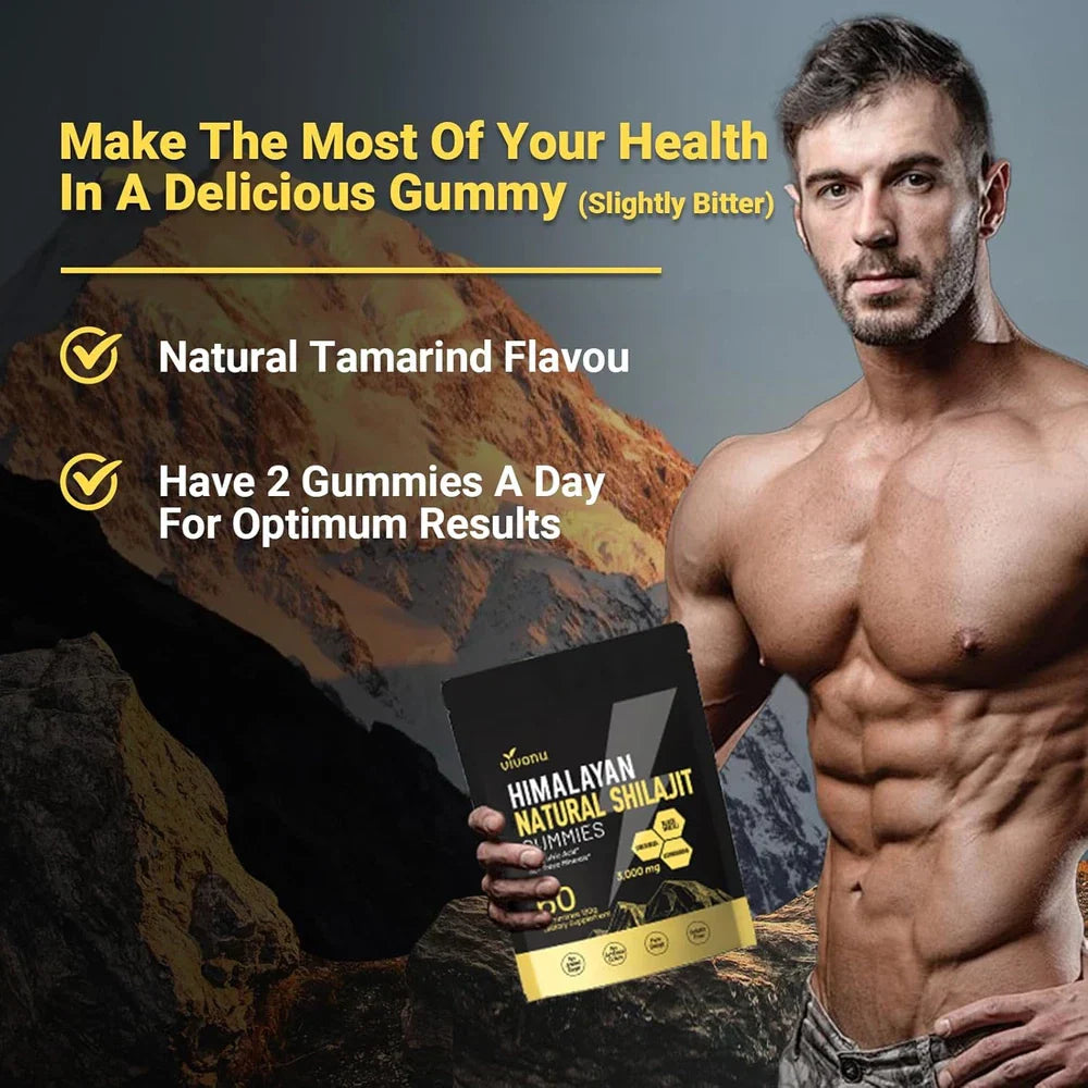 Himalayan Shilajit gummies by Serenzza with Ashwagandha and Gokshura, featuring 85+ trace minerals, shown in a close-up image.