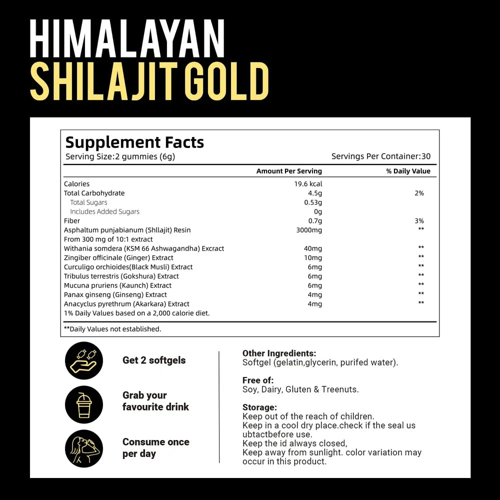 Serenzza Himalayan Shilajit Gummies with Ashwagandha and Gokshura, showing colorful fruit-flavored gummies on a wooden surface.