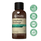 Serenzza Lymphatic Drainage Drops supplement bottle, with drops and herbal ingredients visible, designed to reduce bloating and boost immunity.