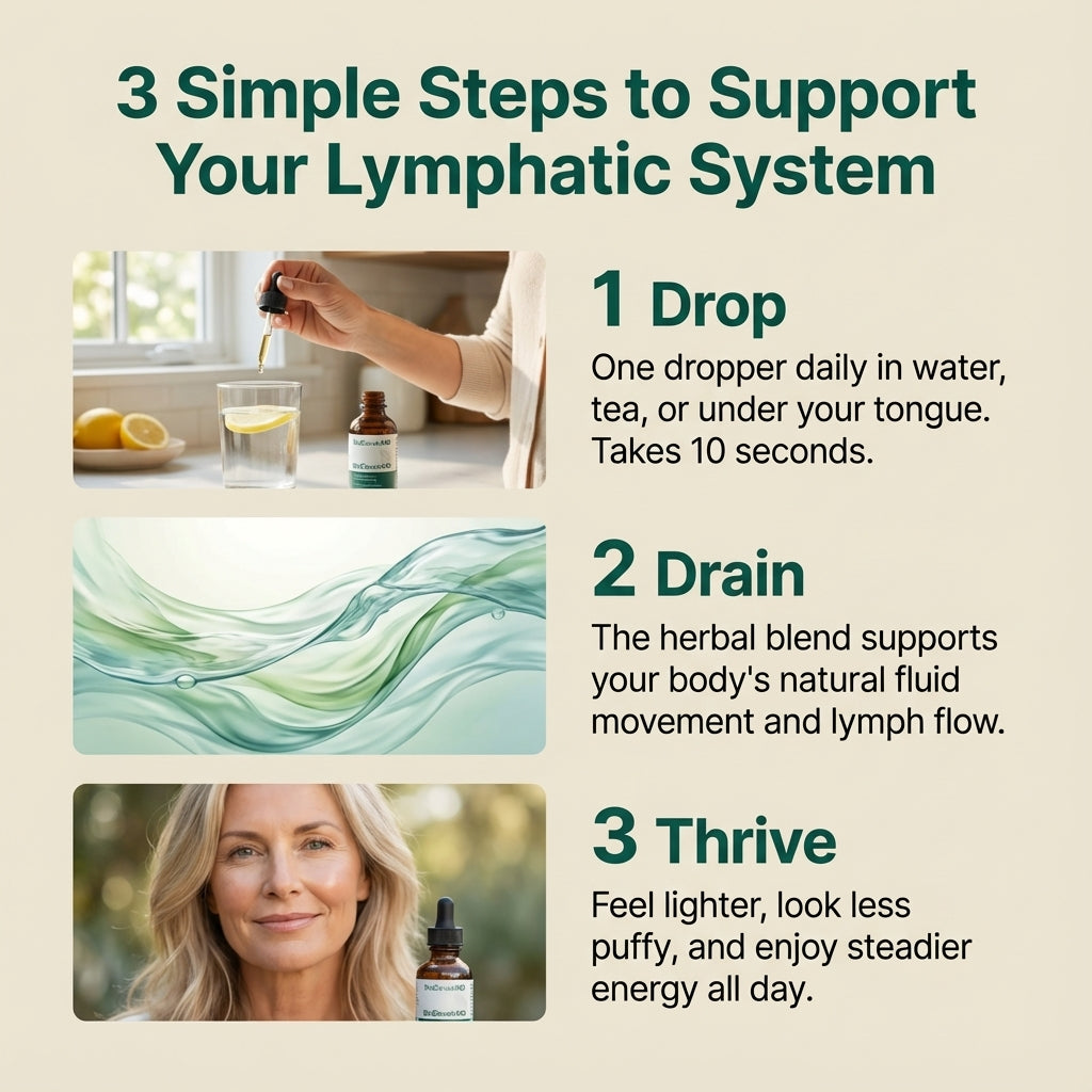 Serenza Lymphatic Drainage Drops supplement bottle with dropper, designed to help relieve bloating and boost immunity.