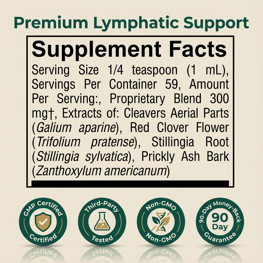 Serenzza Lymphatic Drainage Drops supplement bottle, designed to relieve bloating and boost immunity, with herbal ingredients.