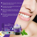 Serenza teeth whitening purple powder and toothpaste with dental brush, promoting oral cleanliness, fresh breath, and gum strength.