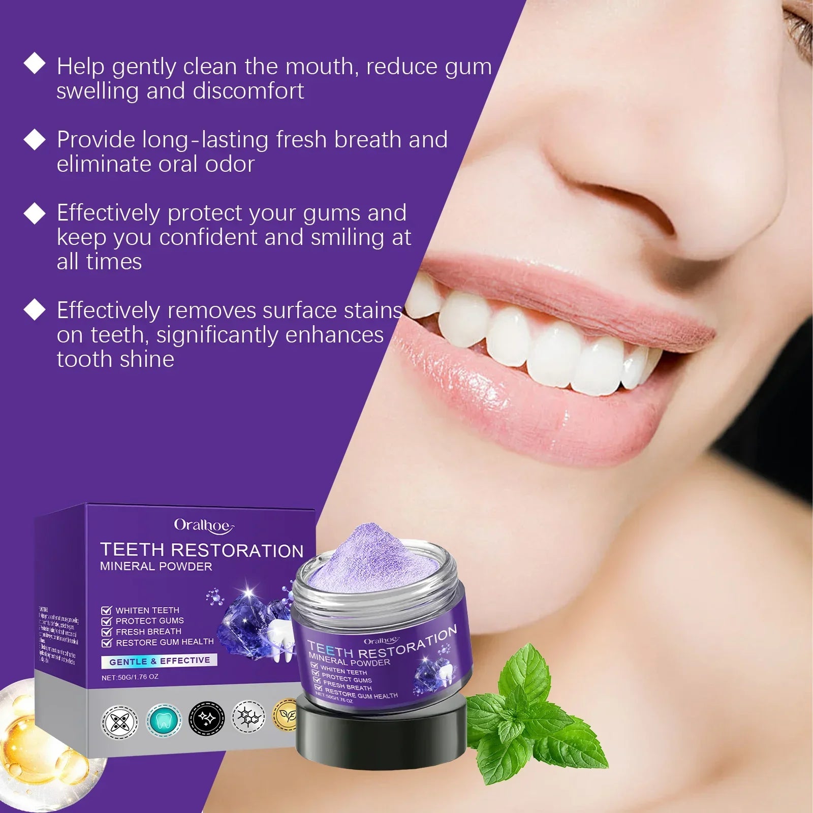 Serenza teeth whitening purple powder and toothpaste with dental brush, promoting oral cleanliness, fresh breath, and gum strength.