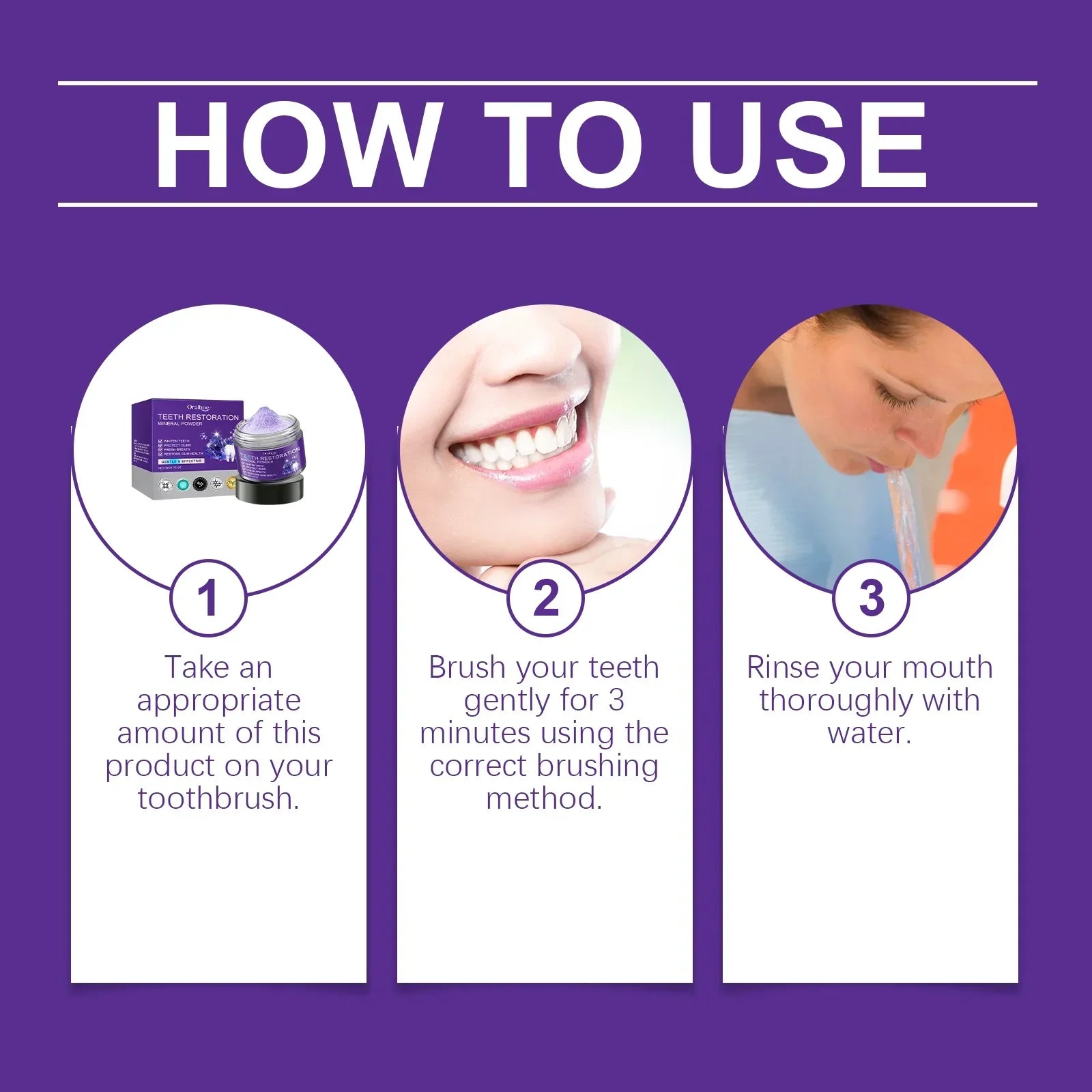 Serenzza teeth whitening purple powder for oral care, removing bad breath, strengthening gums, and refreshing teeth.