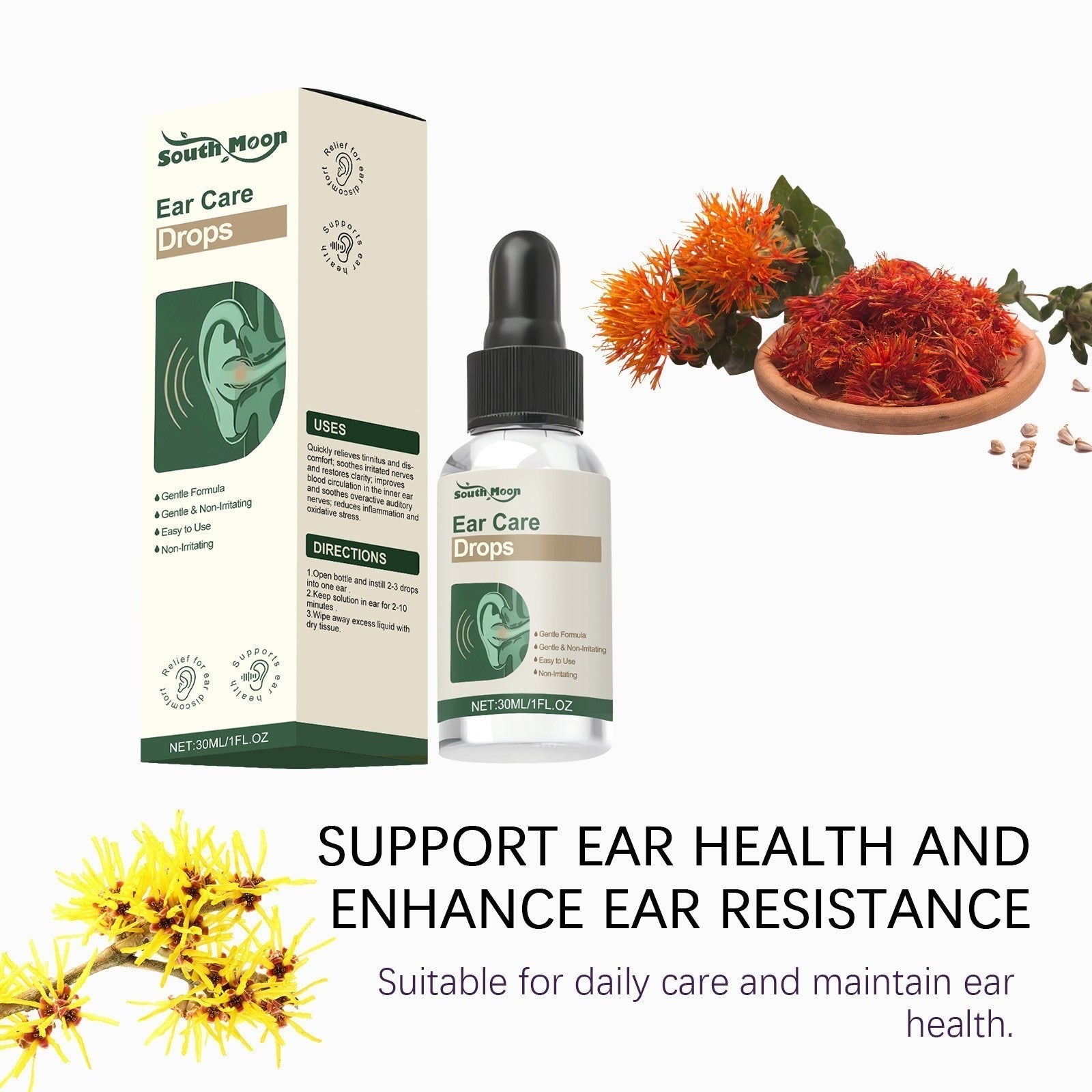 Serenzza Ear Care Solution 30ml bottle with droplet applicator for gentle ear cleaning and maintenance.