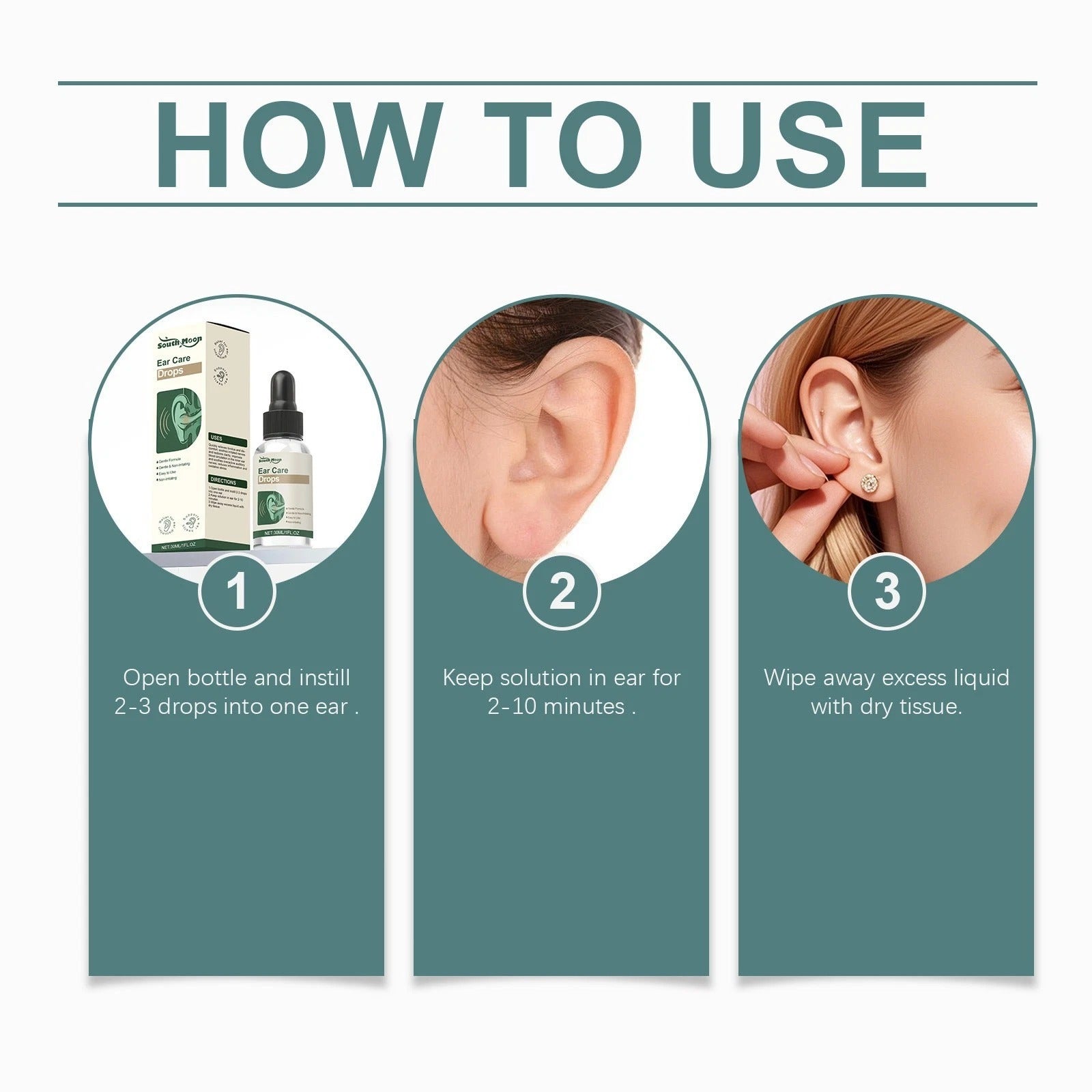Serenzza Ear Care Solution 30ml bottle, clear liquid in a small plastic container with a white cap, designed for ear cleaning and maintenance.