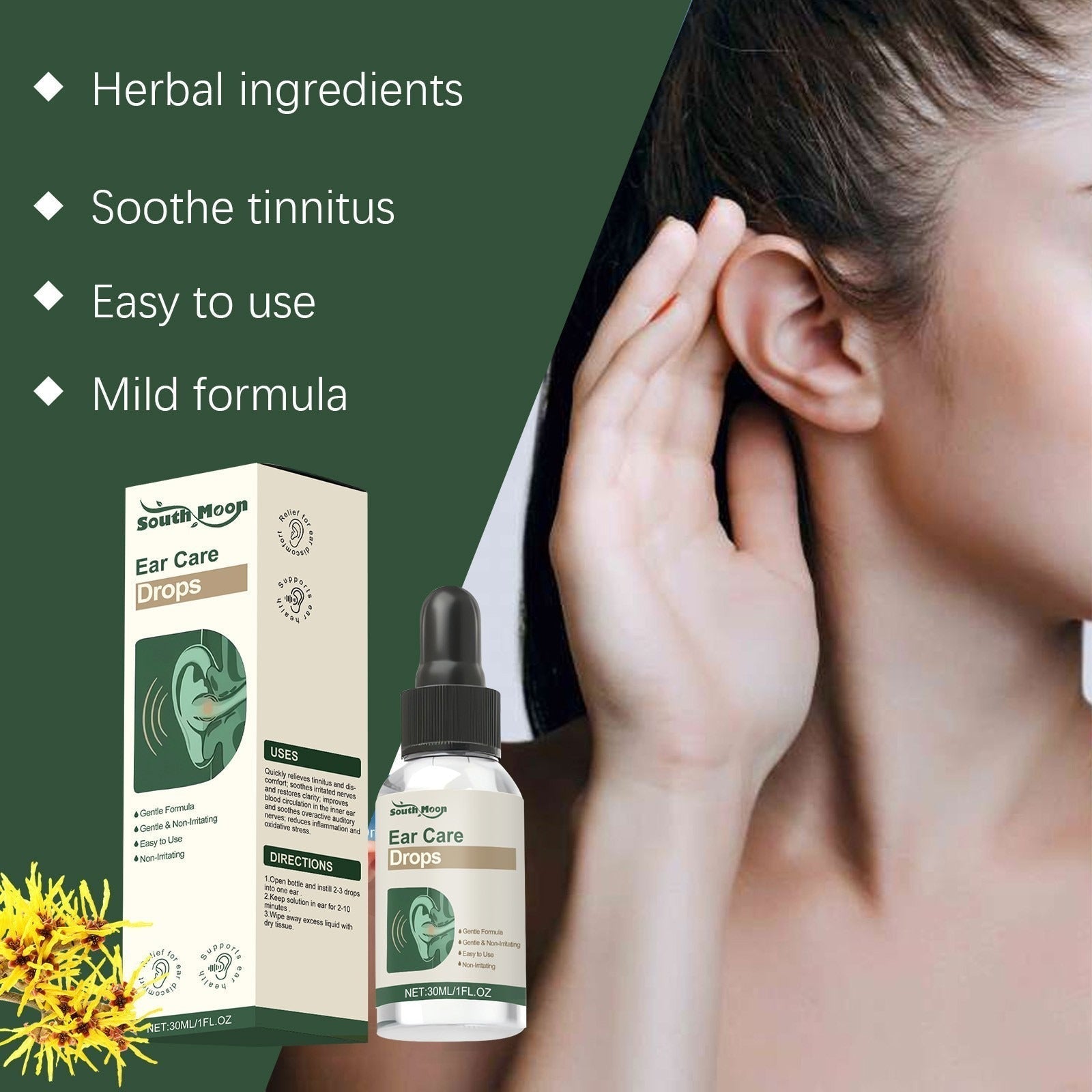 Serenzza Ear Care Solution 30ml bottle with dropper for gentle ear cleaning and soothing ear health.