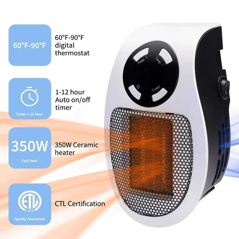 Wall-mounted Serenzza portable electric heater with warm air blower for home heating, shown in a modern living space.