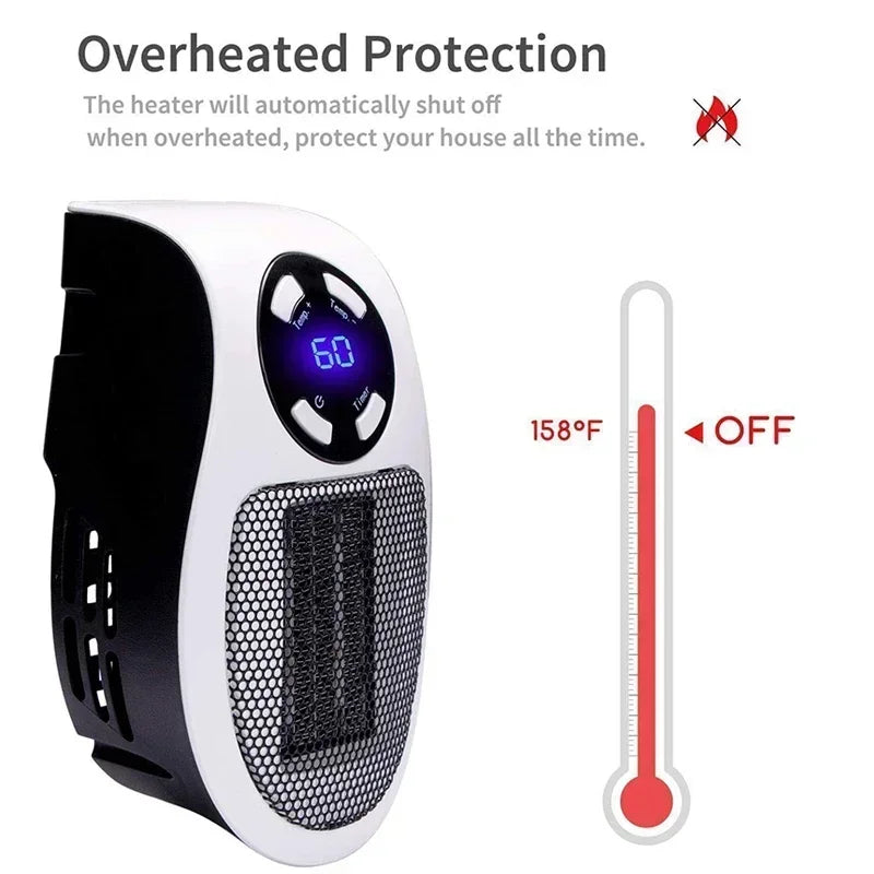 Wall-mounted Serenzza portable electric heater with warm air blower for home heating, shown mounted on a wall in a modern living space.