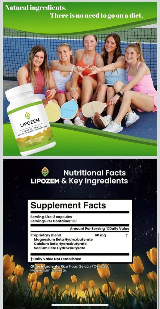 Serenzza Lipozem Capsules natural supplement bottle with capsules, supporting health and vitality in a health product image.