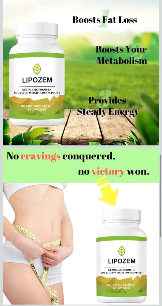 Serenzza Lipozem Capsules natural supplement bottle with label, supporting health and vitality, on a plain background.