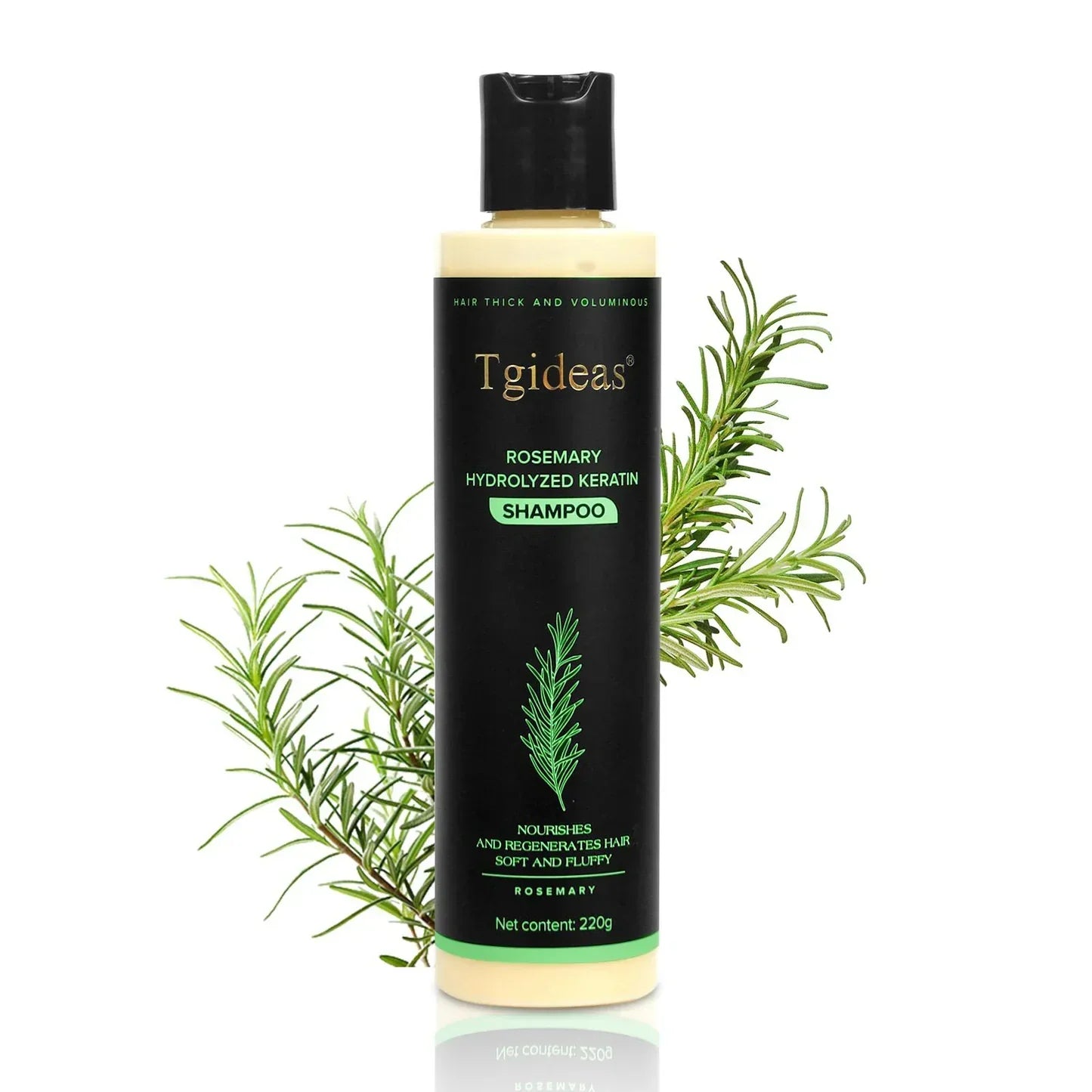 Serenzza Tgideas Rosemary Shampoo bottle with rosemary and keratin ingredients, shown in a sleek, clear plastic container.