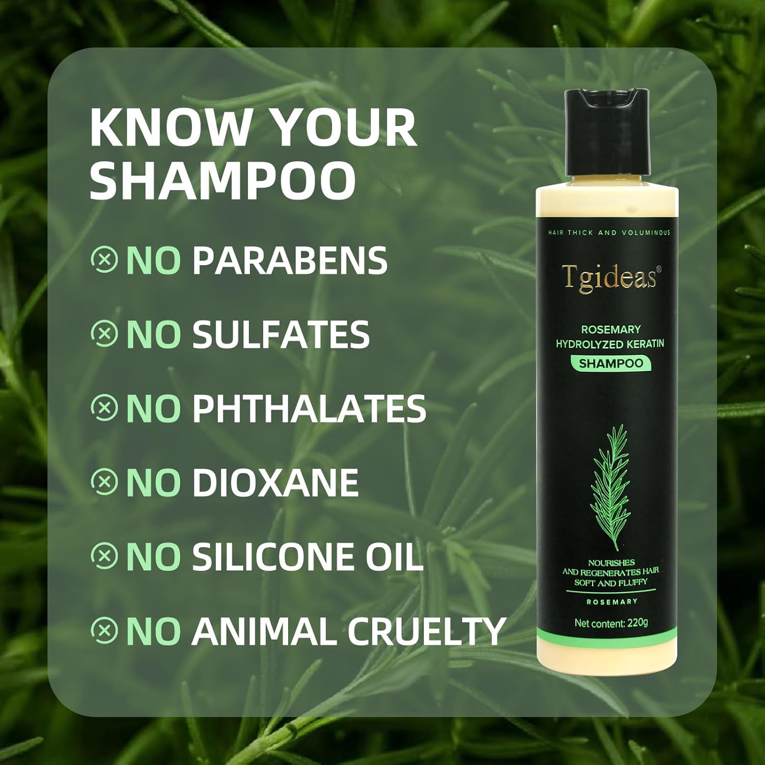 Serenzza Tgideas Rosemary Shampoo bottle with label, featuring a natural rosemary extract formula for healthy hair care.
