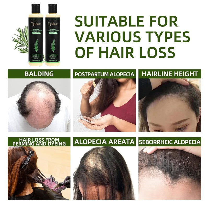 Serenza Rosemary Shampoo bottle with label, featuring botanical ingredients and a sleek design on a white background.