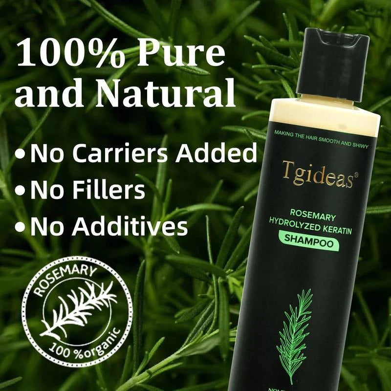 Serenza Rosemary Shampoo bottle featuring keratin formula with fresh rosemary herbs, ideal for nourishing hair care.
