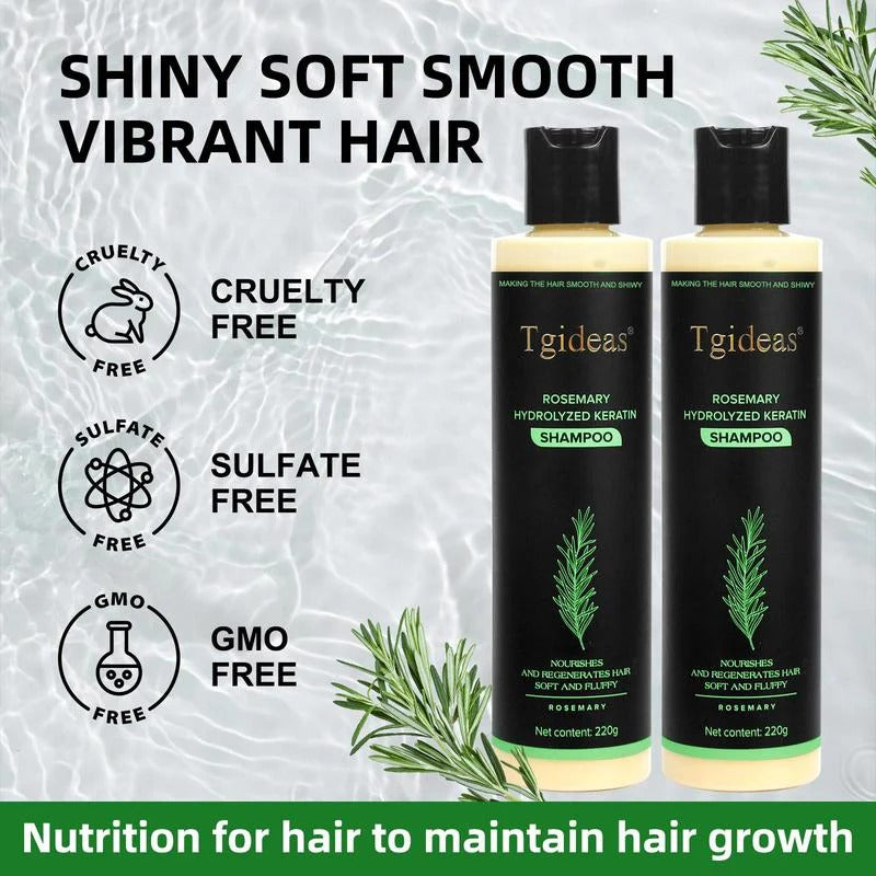 Serenzza Rosemary Shampoo with keratin, featuring a clear bottle and rosemary herb, ideal for nourishing and strengthening hair.