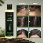 Serenzza Tgideas Rosemary Shampoo bottle with rosemary and keratin ingredients, showing healthy, shiny hair after use.