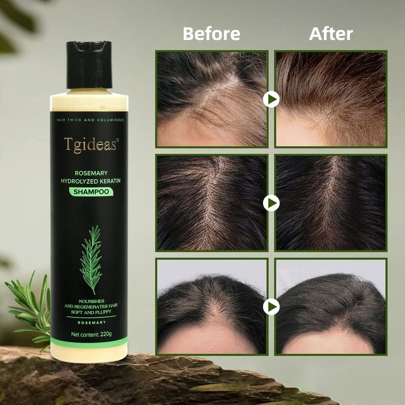 Serenzza Tgideas Rosemary Shampoo bottle with rosemary and keratin ingredients, showing healthy, shiny hair after use.
