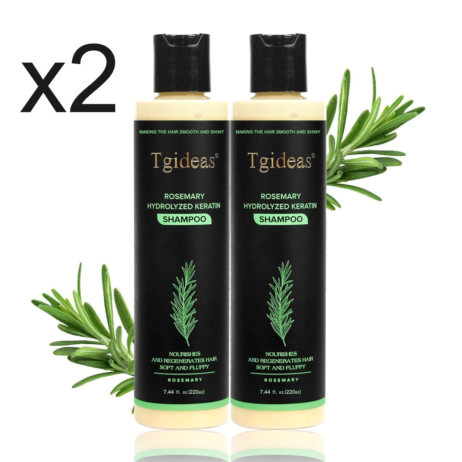 Serenzza Tgideas Rosemary Shampoo bottle with label, featuring natural rosemary illustrations and clear product branding.