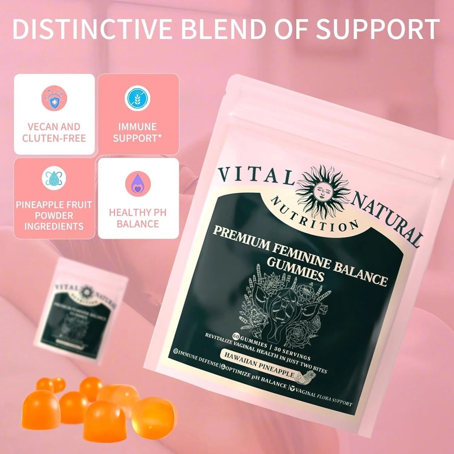 Serenzza Vital Source Feminine Balance Gummies in Hawaiian Pineapple flavor, 60 gummies, supporting feminine health and wellness.