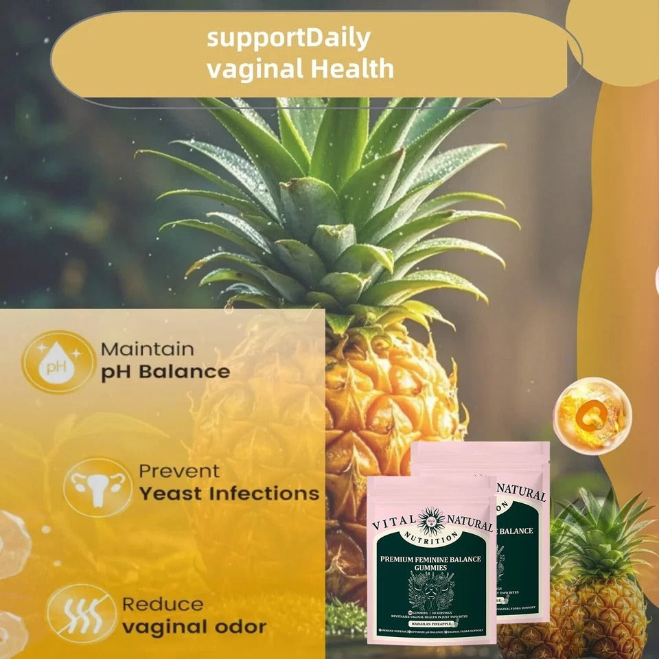 Serenzza Vital Source Feminine Balance Gummies in Hawaiian Pineapple flavor, 60 gummies, showing the colorful gummy vitamins.