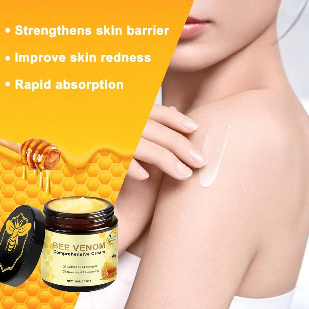 Serenzza 2-pack Bee Venom Comprehensive Cream jars with natural skin moisturizer, featuring beige and white packaging and cream inside.