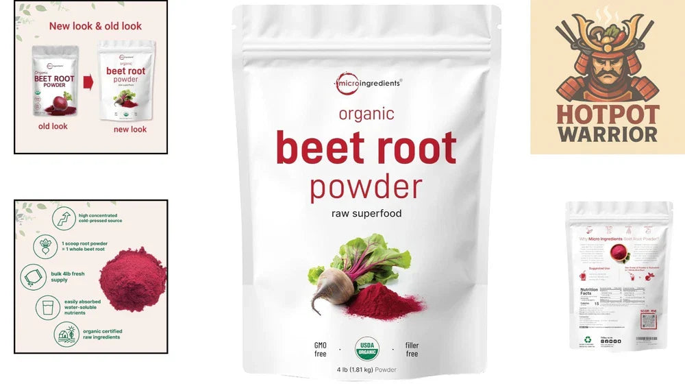 Cold pressed organic beet root powder by Serenzza in a 4lb bag, showing vibrant red powder with no additives or fillers.