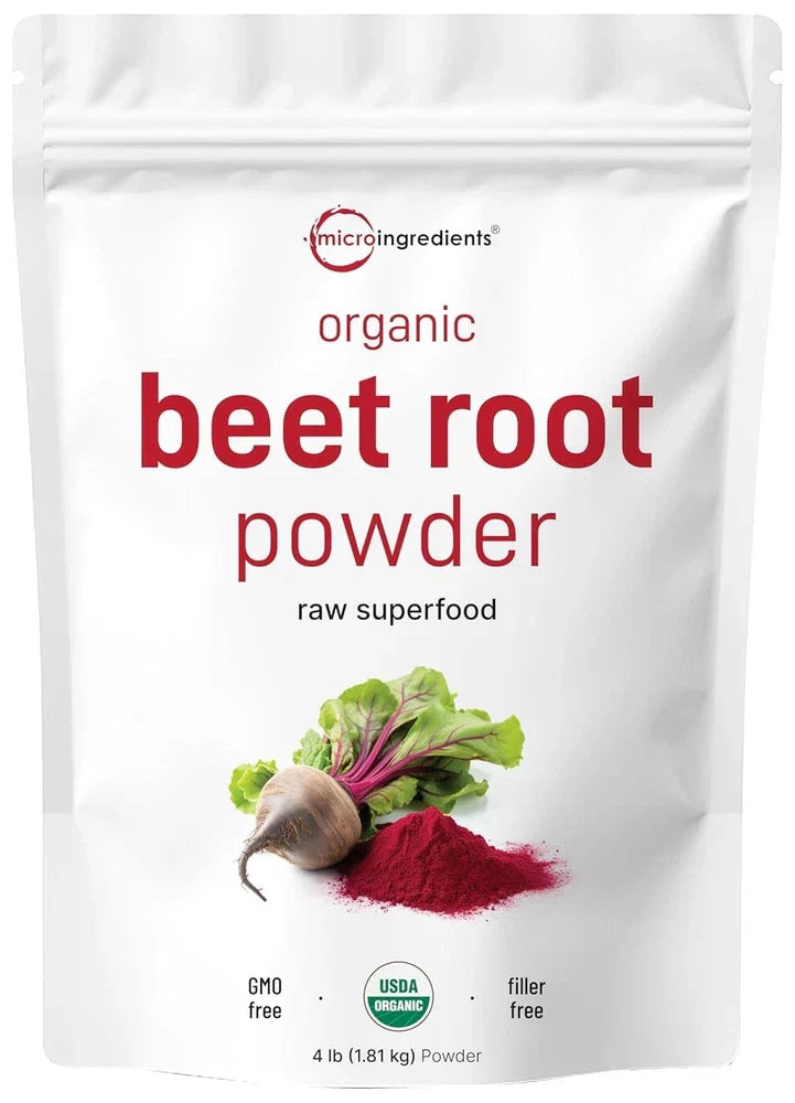 Serenzza cold pressed organic beet root powder in a 4lb container, high concentration, no additives, natural red beet powder.