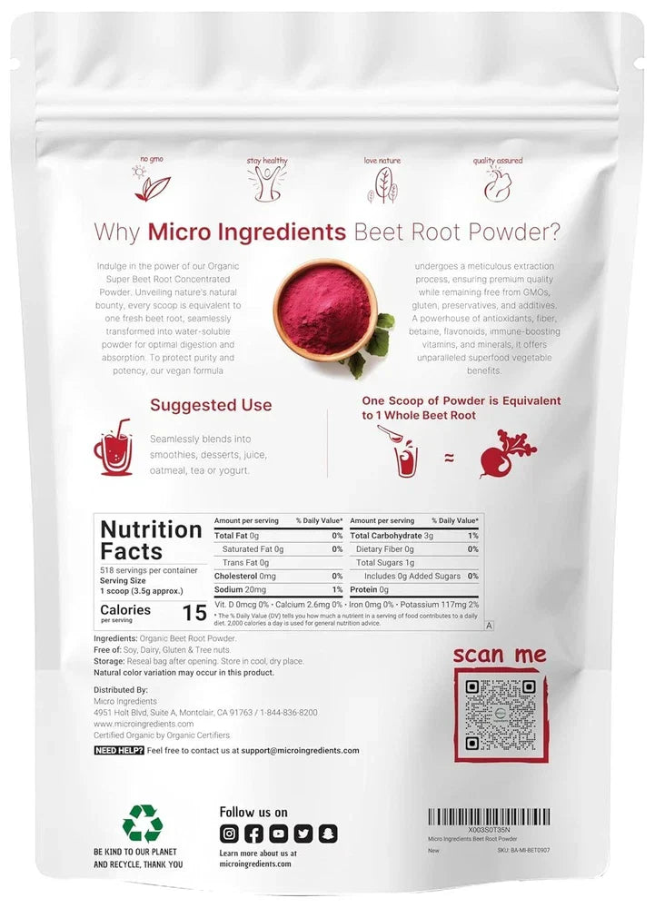 Serenzza organic beet root powder in a 4lb bag, showing vibrant red powdered beet root without additives, for health and nutrition.