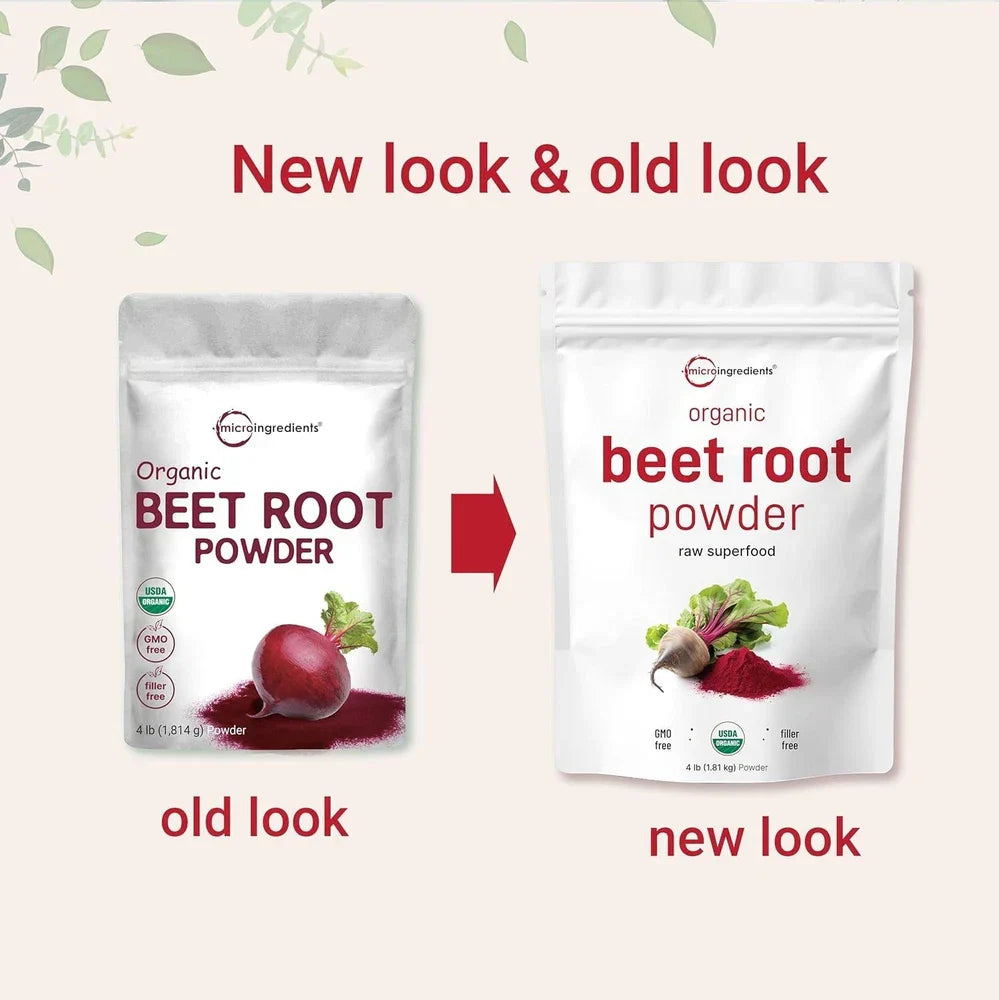 Serenzza cold pressed organic beet root powder in a 4lb bag, high concentration, no additives, vibrant red powder for health supplements.