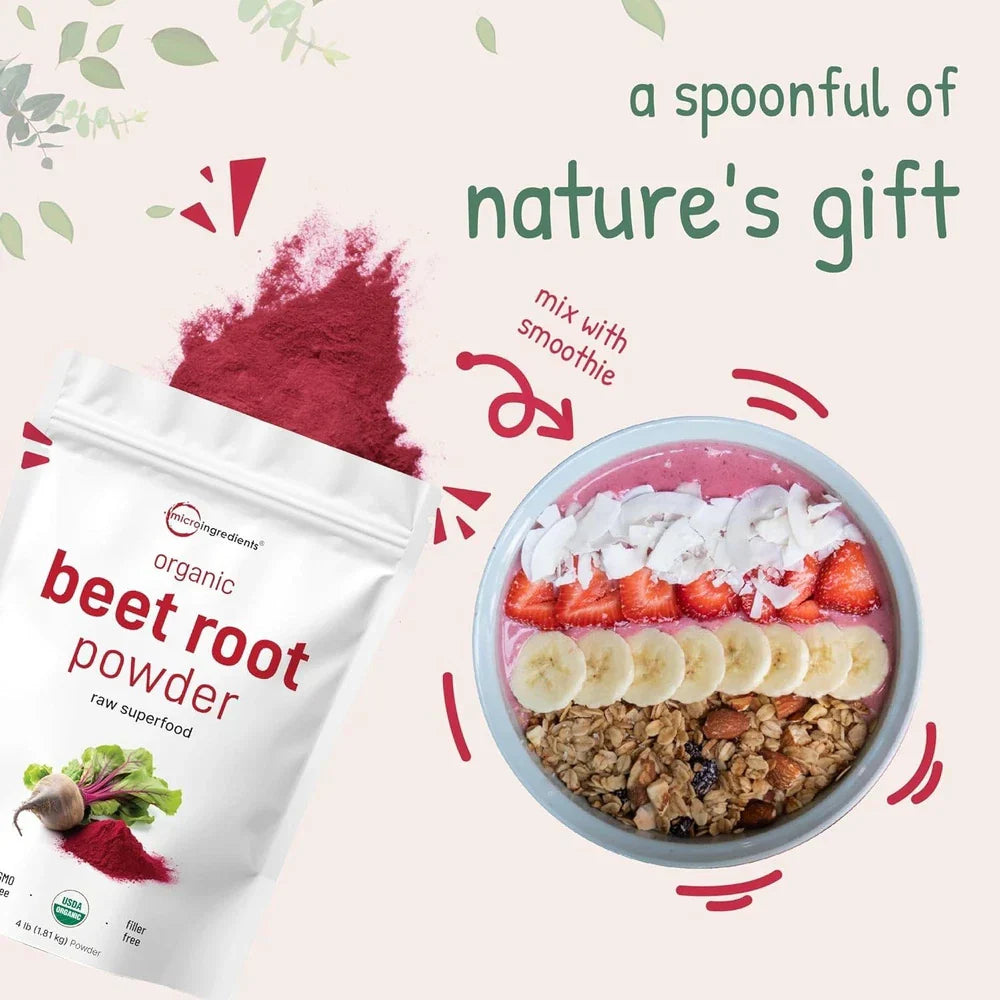 Serenzza cold pressed organic beet root powder in a 4lb bag, high concentration, no additives, vibrant red powder for health and wellness.