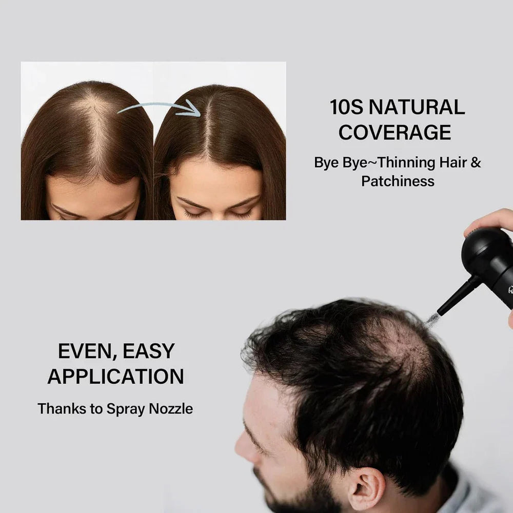 Serenzza Hair Building Fibers for thinning hair, 2-in-1 kit for men and women, showing fibers and applicator brush.