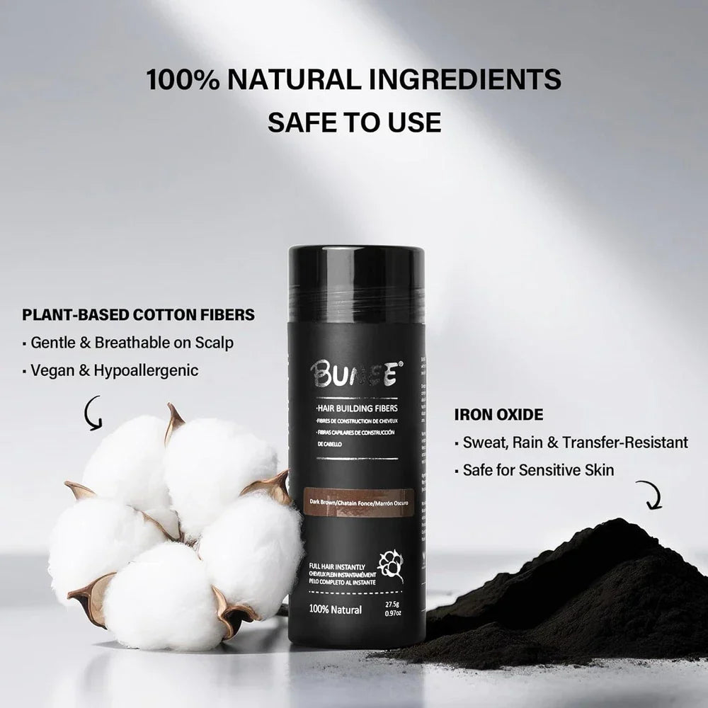 Serenzza Hair Building Fibers for Thinning Hair, 2-in-1 kit for men and women, close-up of fibers blending into hair.