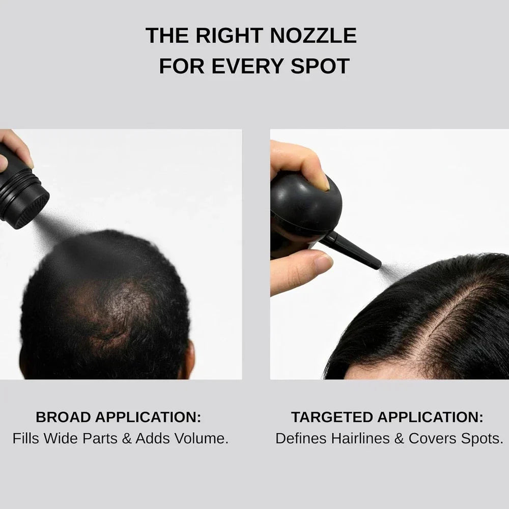 Serenza Hair Building Fibers for Thinning Hair for Men and Women, 2-in-1 kit, close-up of fibers blending into hair.