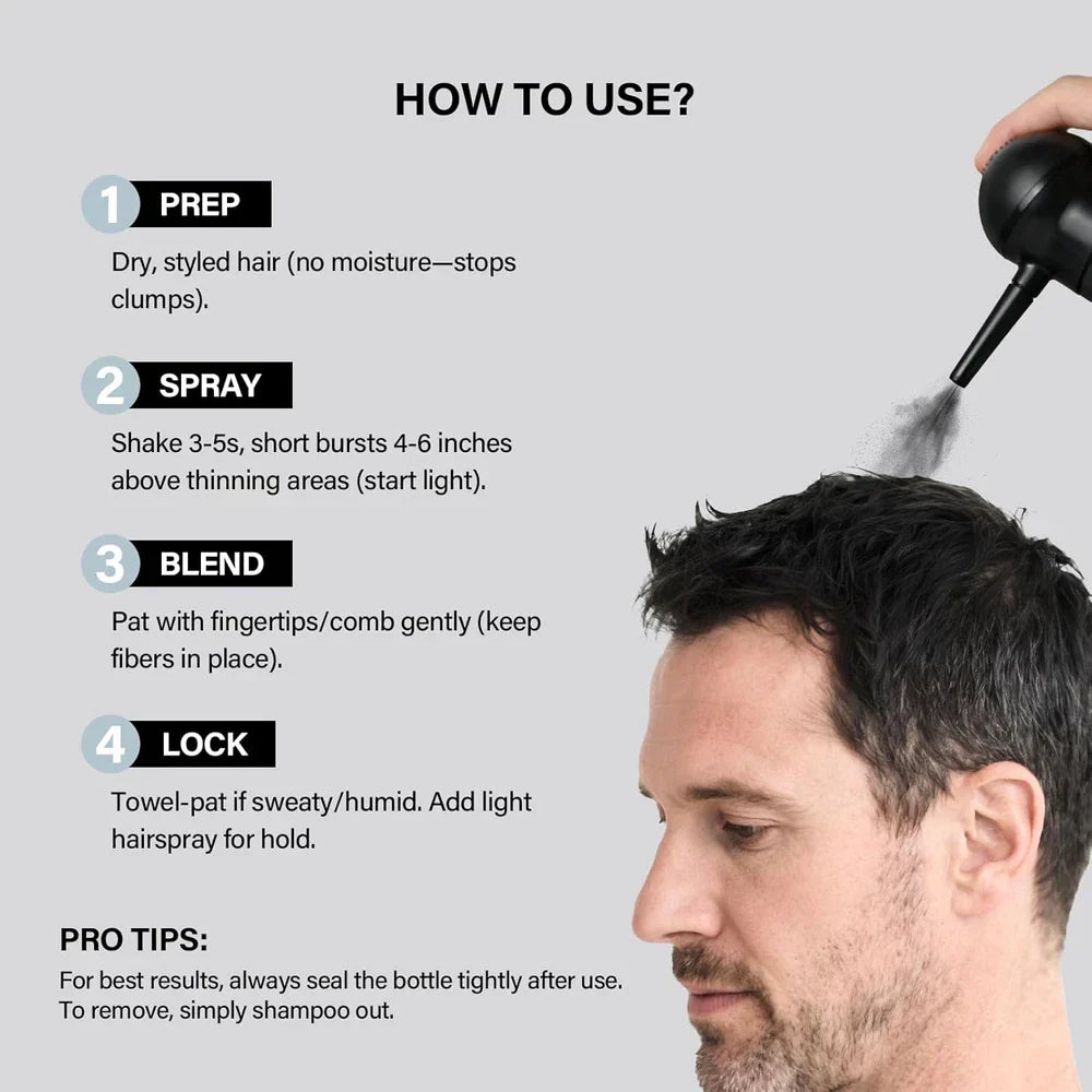 Serenzza Hair Building Fibers for thinning hair, 2-in-1 kit for men and women, close-up of fibers enhancing hair appearance