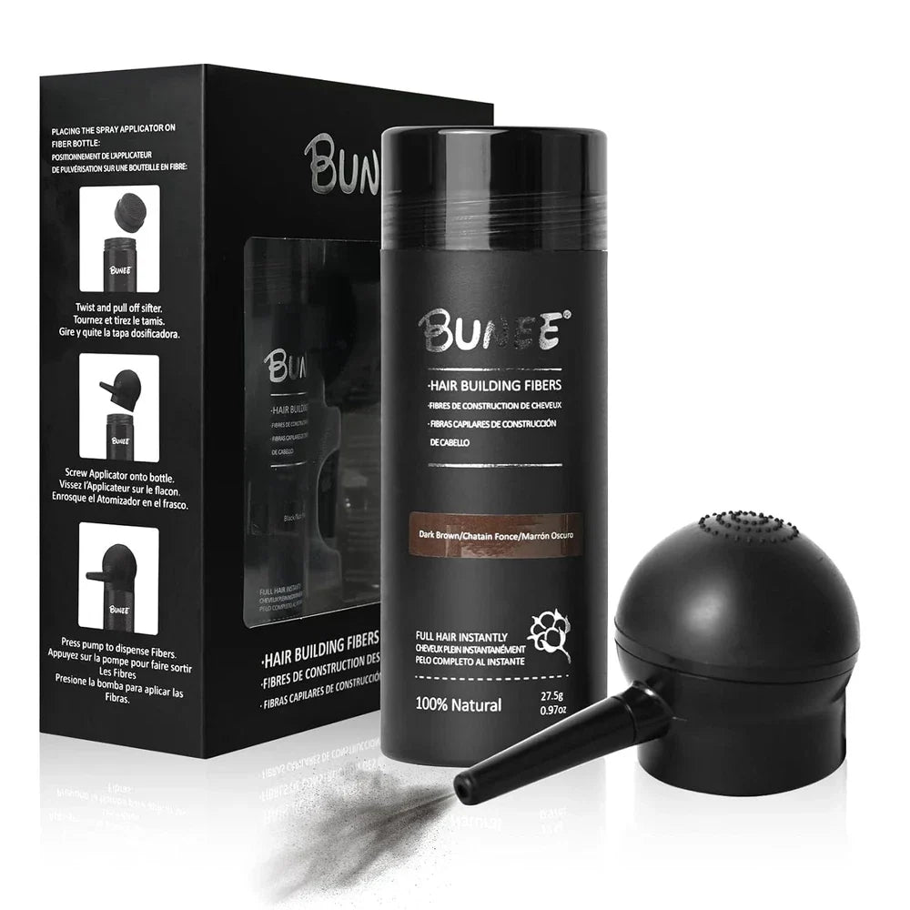 Serenzza Hair Building Fibers for thinning hair, 2-in-1 kit for men and women, showing fibers applied on scalp for hair enhancement.