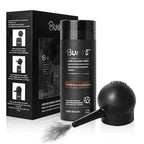 Serenzza Hair Building Fibers 2-in-1 kit for thinning hair, showing application of fibers on scalp for men and women.